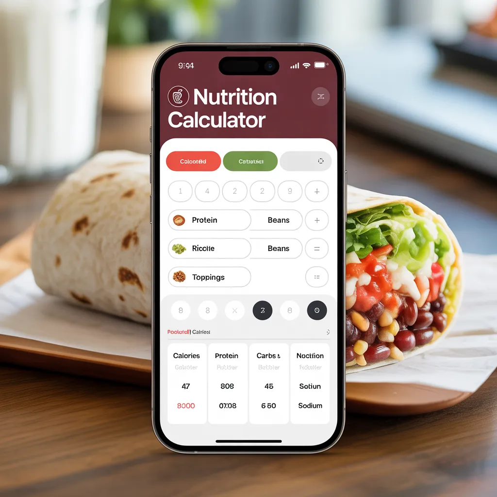 Chipotle Nutrition Calculator showing calories, protein, and macros for a Chipotle bowl