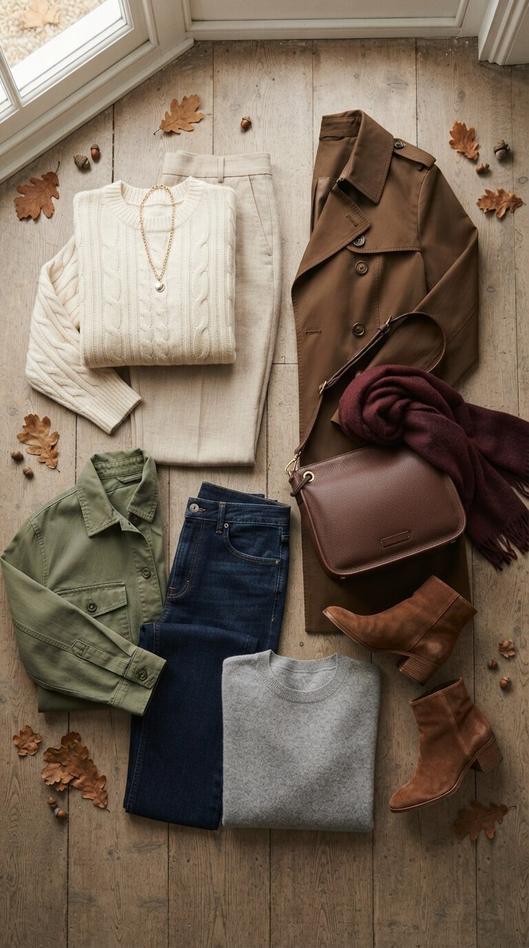 Cream, beige, camel, brown, burgundy and olive early autumn outfit colours