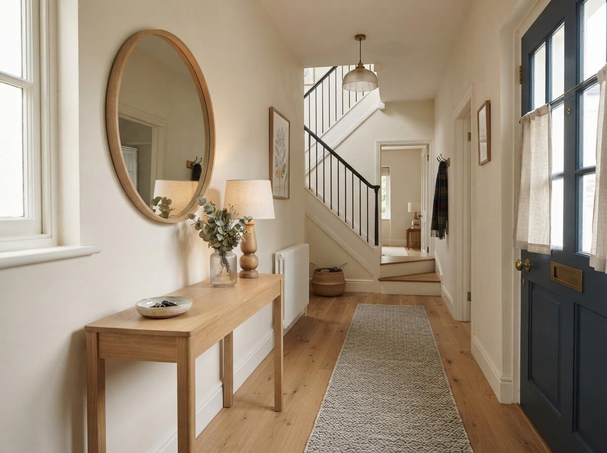 Slim console table with round mirror in a stylish British hallway
