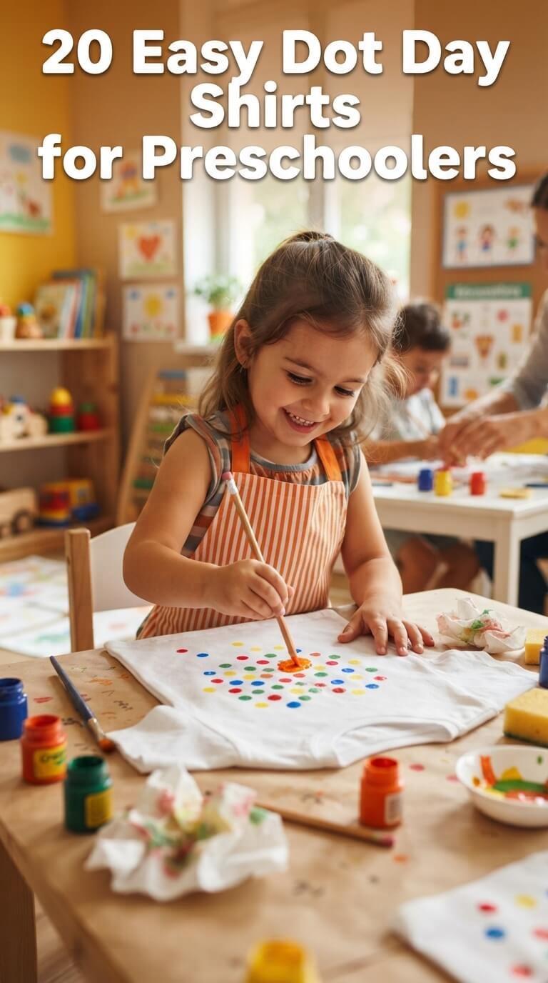 Preschool child making a colourful Dot Day shirt with painted dots.