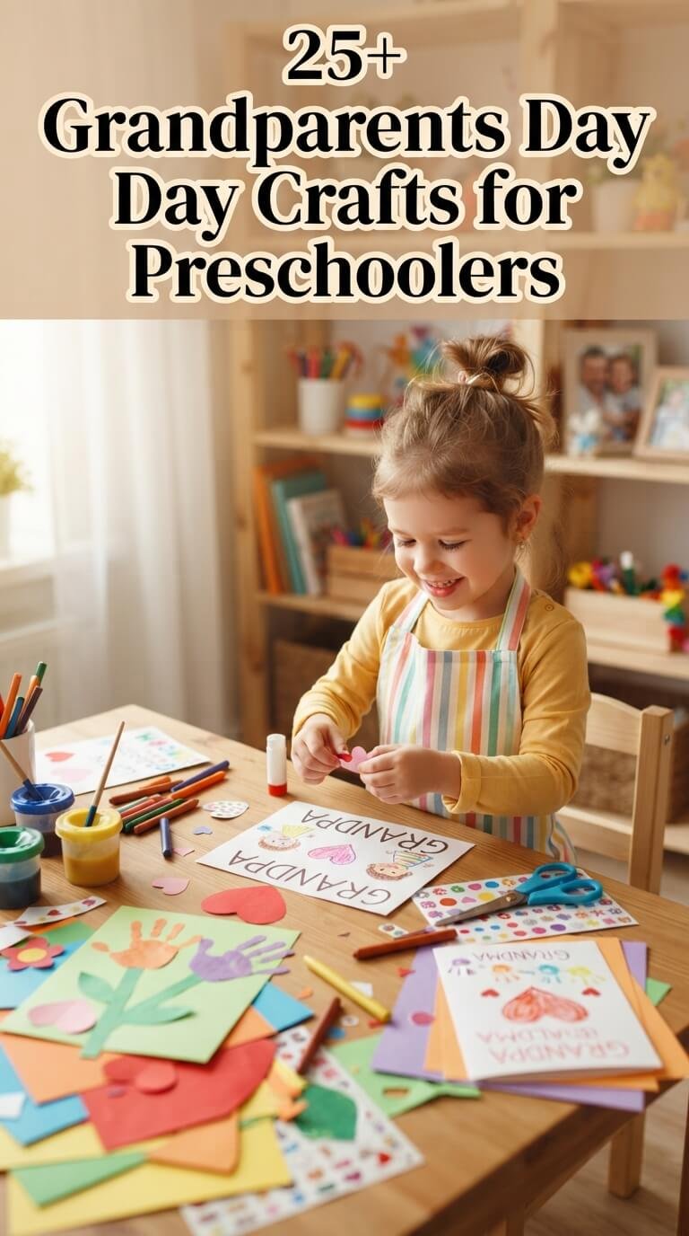 Grandparents Day crafts for preschoolers with colourful handprint flowers and handmade cards.