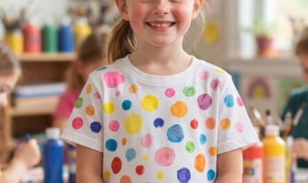 Child wearing a colourful handmade Dot Day shirt in a classroom.