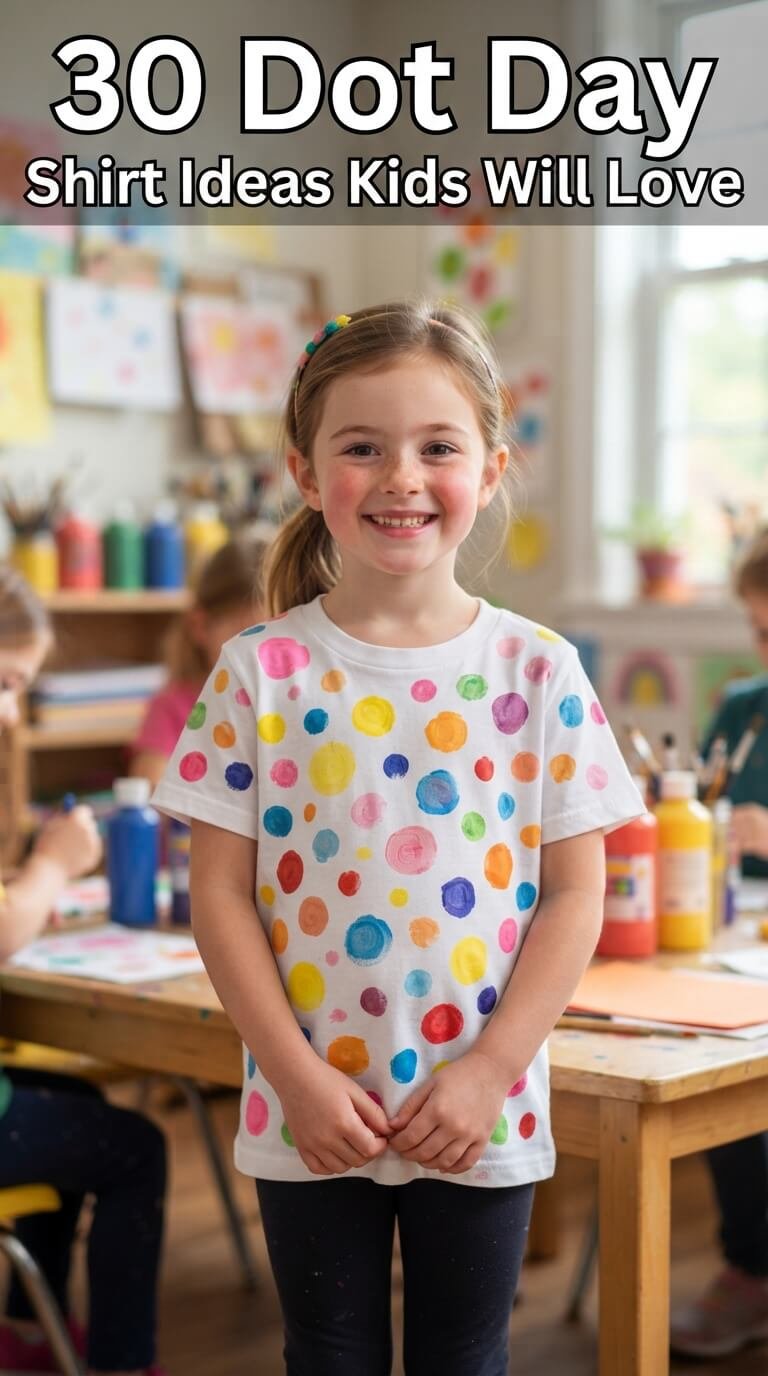 Child wearing a colourful handmade Dot Day shirt in a classroom.