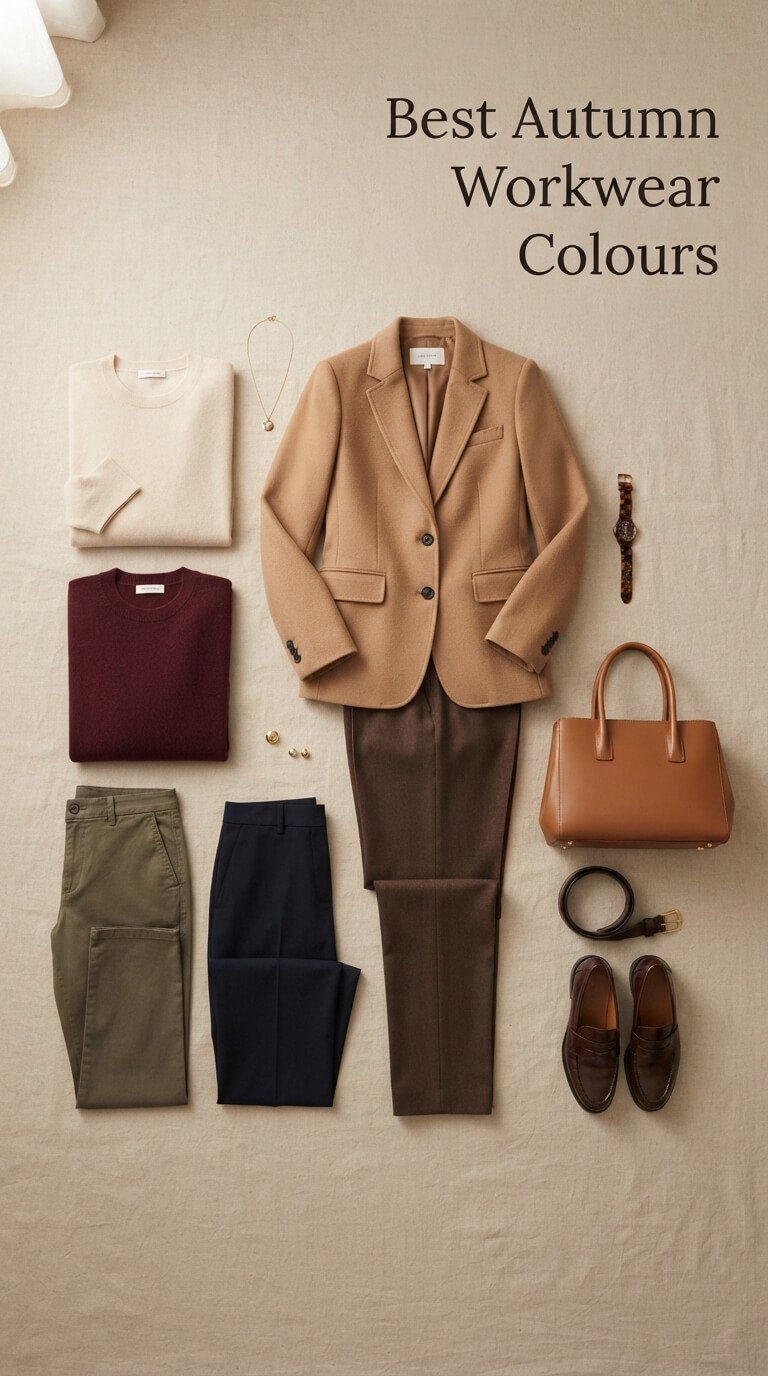 Autumn workwear colour palette featuring camel, chocolate brown, cream, burgundy, olive and navy
