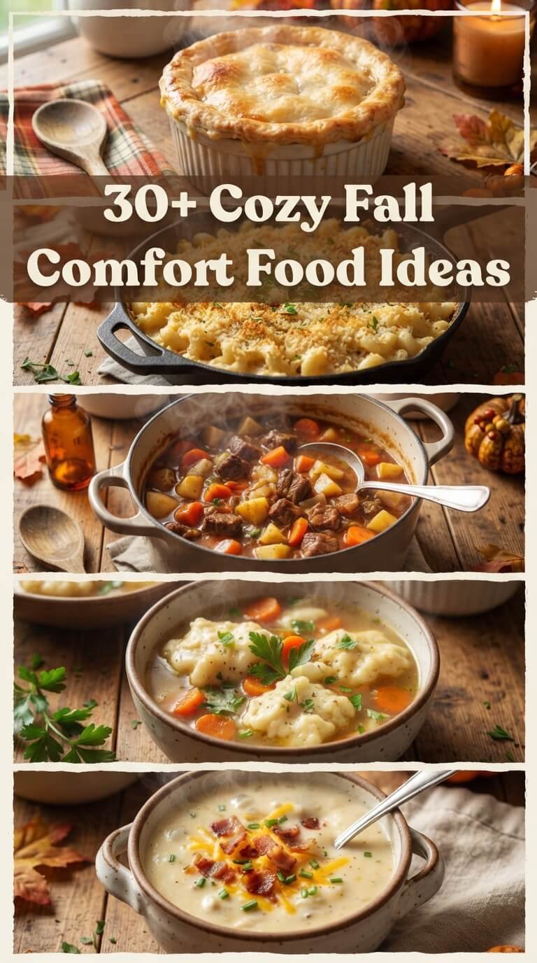 Cozy fall comfort food including pot pie, mac and cheese, stew and soup.