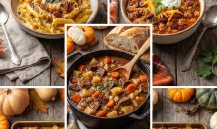 45+ cozy fall dinner recipes featuring pasta, chilli, chicken, stew and seasonal vegetables.