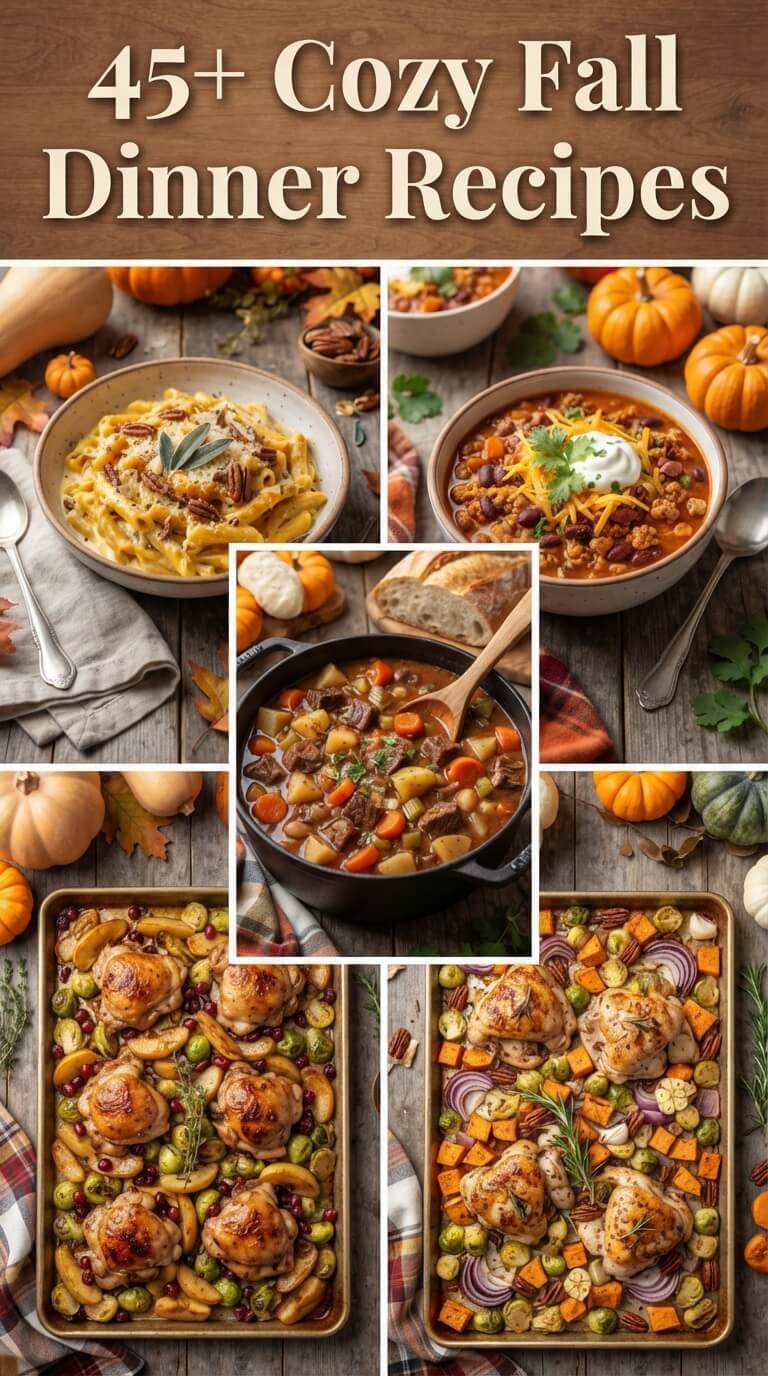 45+ cozy fall dinner recipes featuring pasta, chilli, chicken, stew and seasonal vegetables.