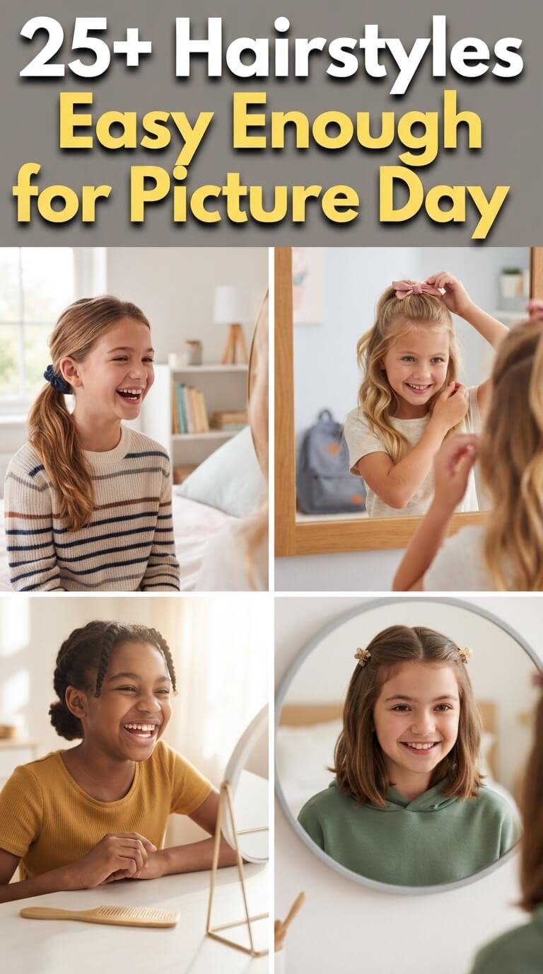 Hairstyles easy enough for picture day including ponytails, half-up hair, twists and clips.
