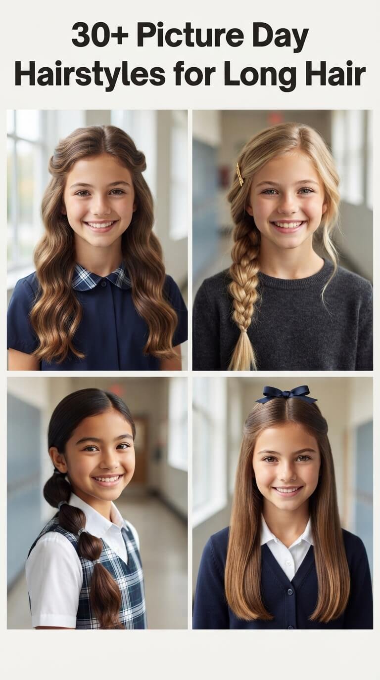 Picture day hairstyles for long hair featuring half-up waves, side braid, bubble ponytail and bow hairstyle.