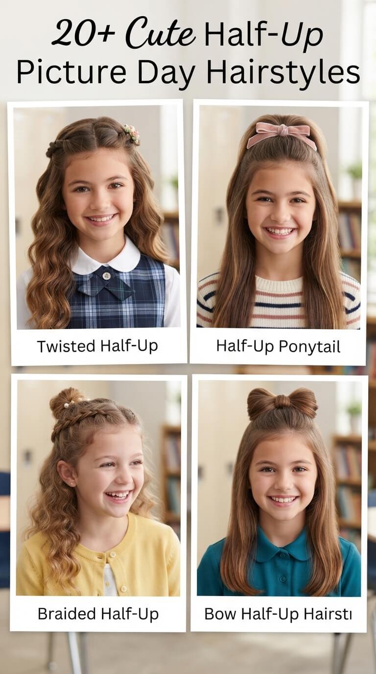 Cute half-up picture day hairstyles with bows, twists and braids.