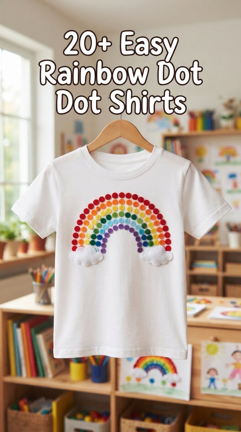 Rainbow made from colourful dots on a handmade Dot Day shirt.