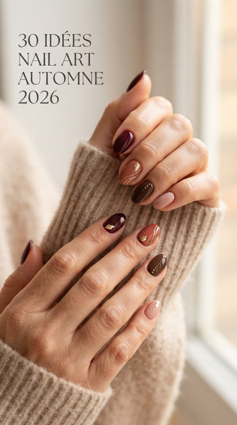 Nail art automne 2026 avec ongles bordeaux chocolat et terracotta