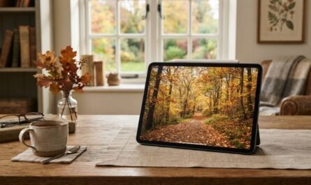Fond écran iPad automne avec paysage de forêt et feuilles dorées