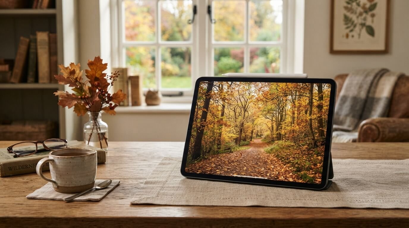 Fond écran iPad automne avec paysage de forêt et feuilles dorées