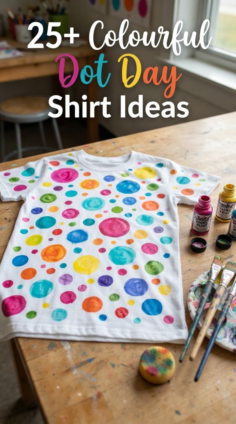 White T-shirt decorated with colourful painted dots for Dot Day.