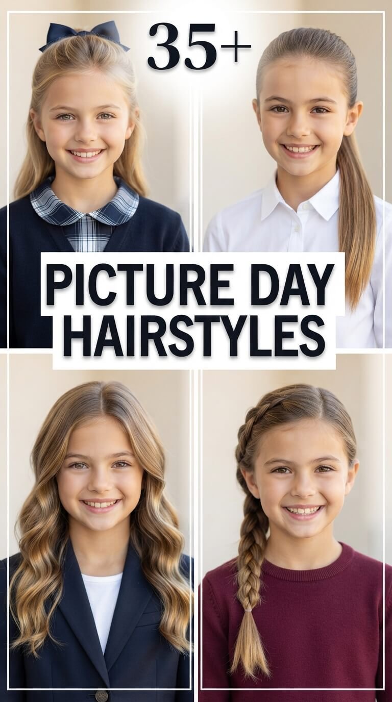 35+ picture day hairstyles including half-up bows, ponytails, waves and braids for school photos.