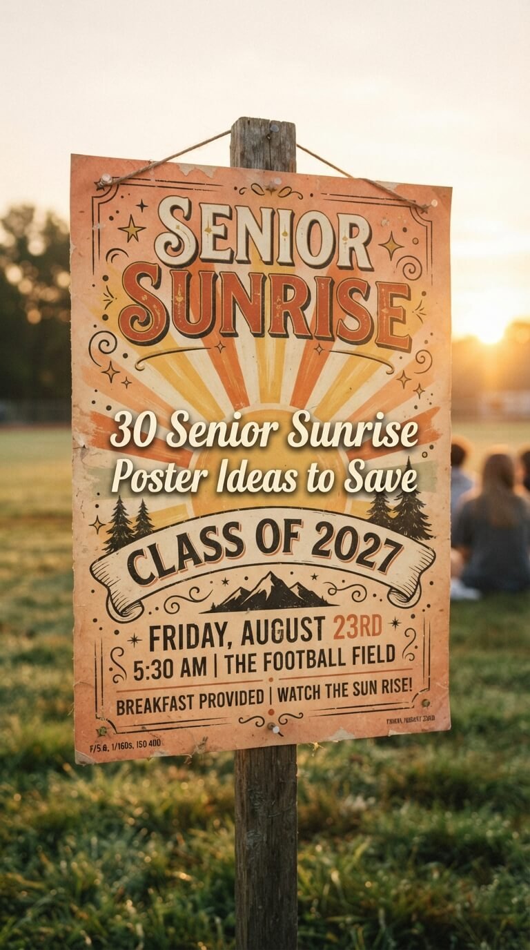 Retro orange and yellow Senior Sunrise poster with Class of 2027 design.