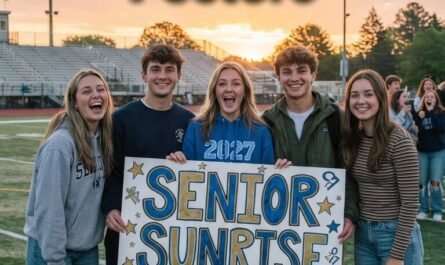 High-school seniors holding a Class of 2027 Senior Sunrise poster at sunrise.