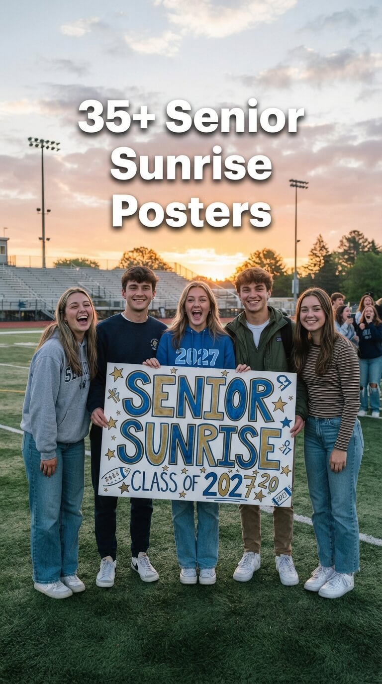 High-school seniors holding a Class of 2027 Senior Sunrise poster at sunrise.