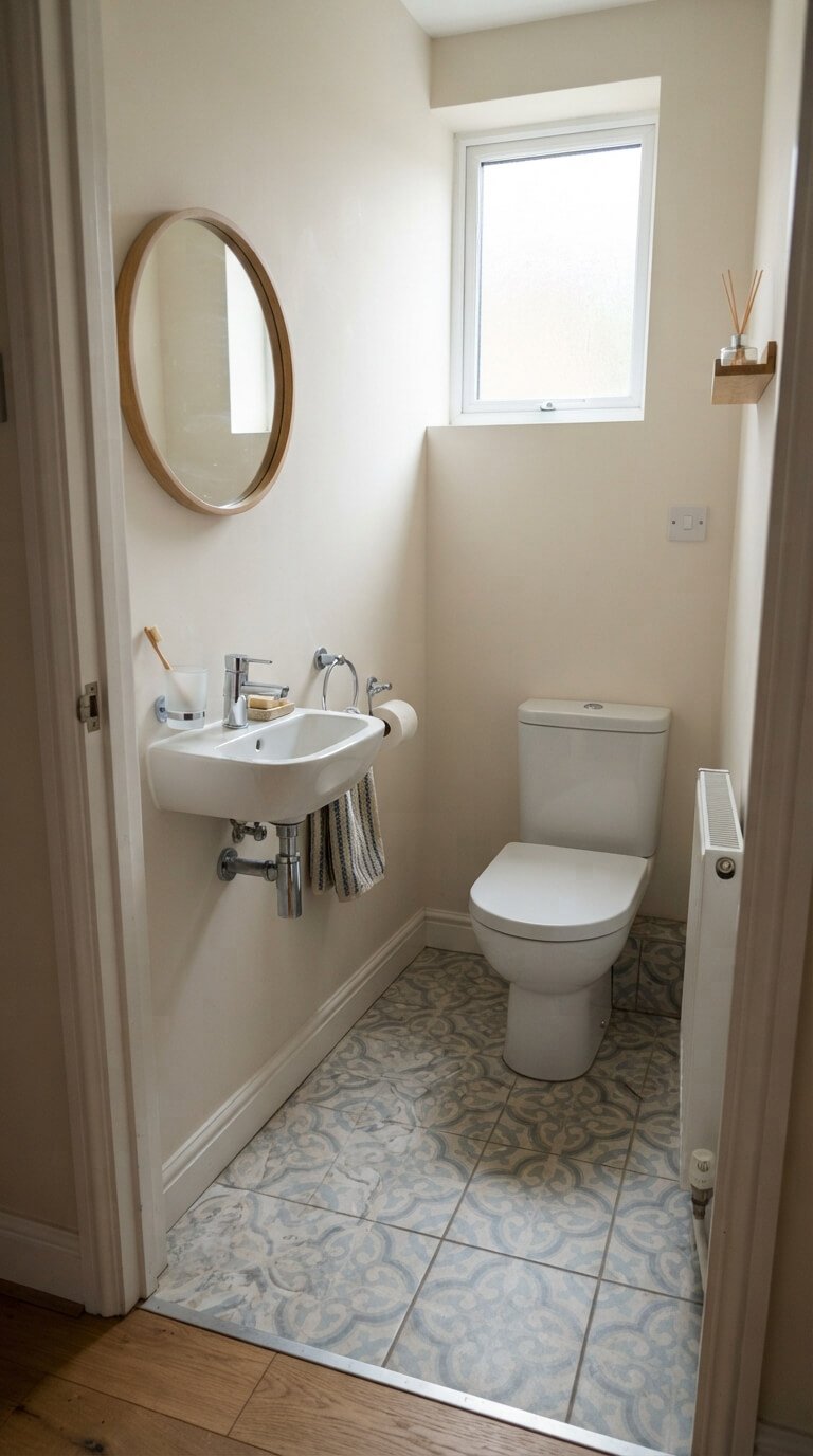 Patterned floor tiles in a small British downstairs toilet