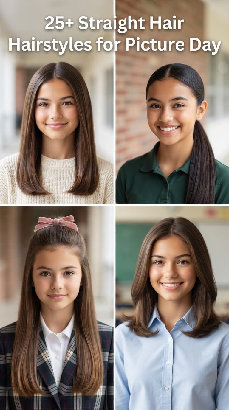 Straight hair hairstyles for picture day including sleek hair, ponytails, half-up styles and flipped ends.