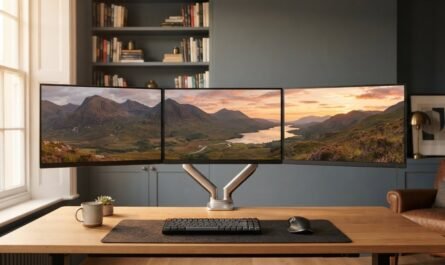 Three screen wallpaper displayed across a modern triple-monitor desktop setup