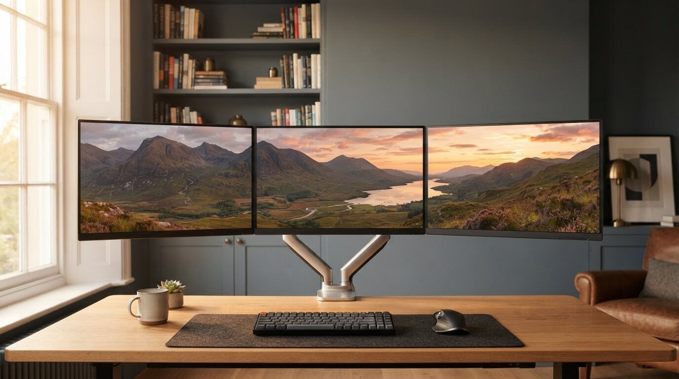 Three screen wallpaper displayed across a modern triple-monitor desktop setup