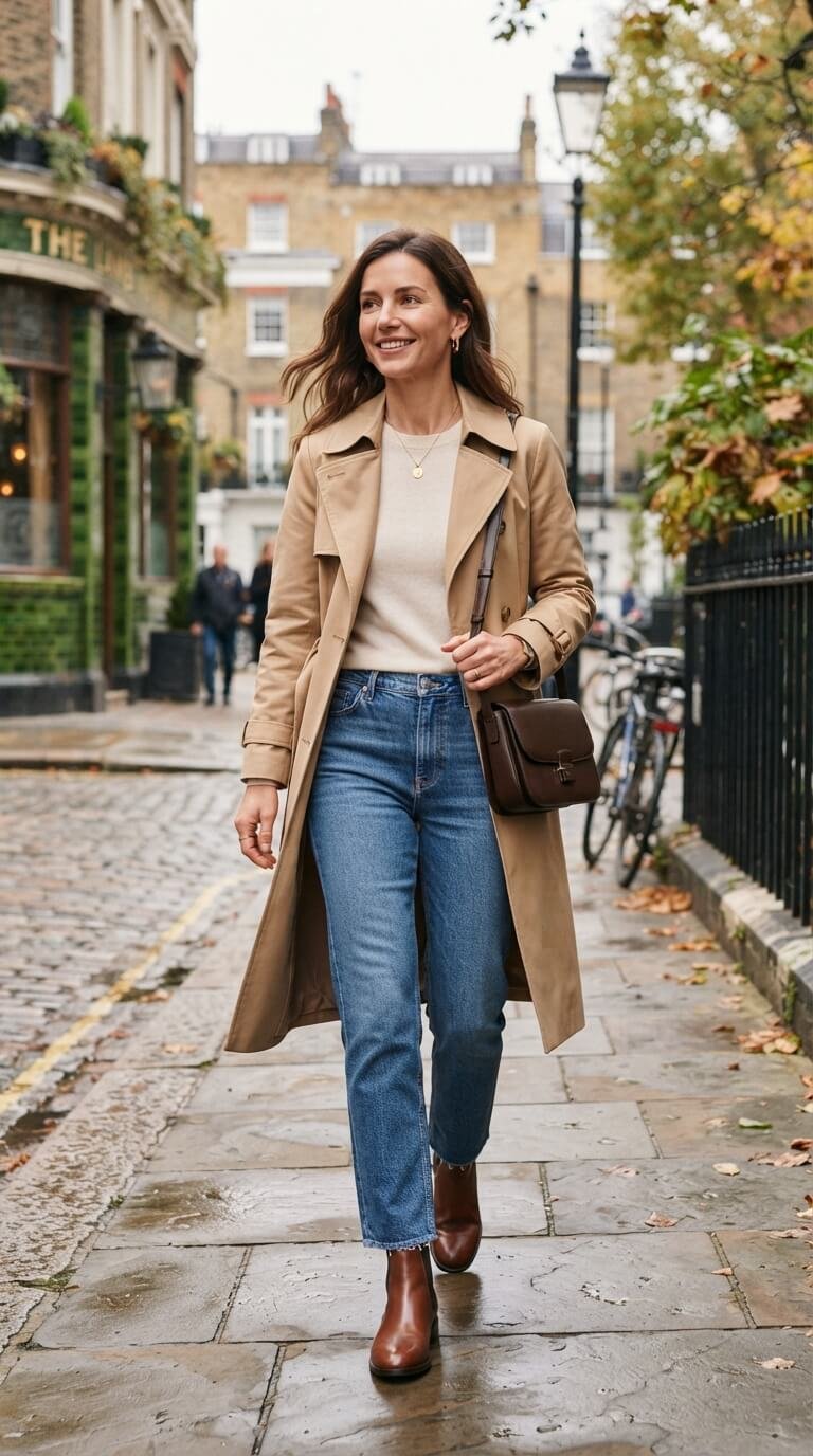 Stylish early autumn outfits featuring jeans, knitwear, trench coats and ankle boots