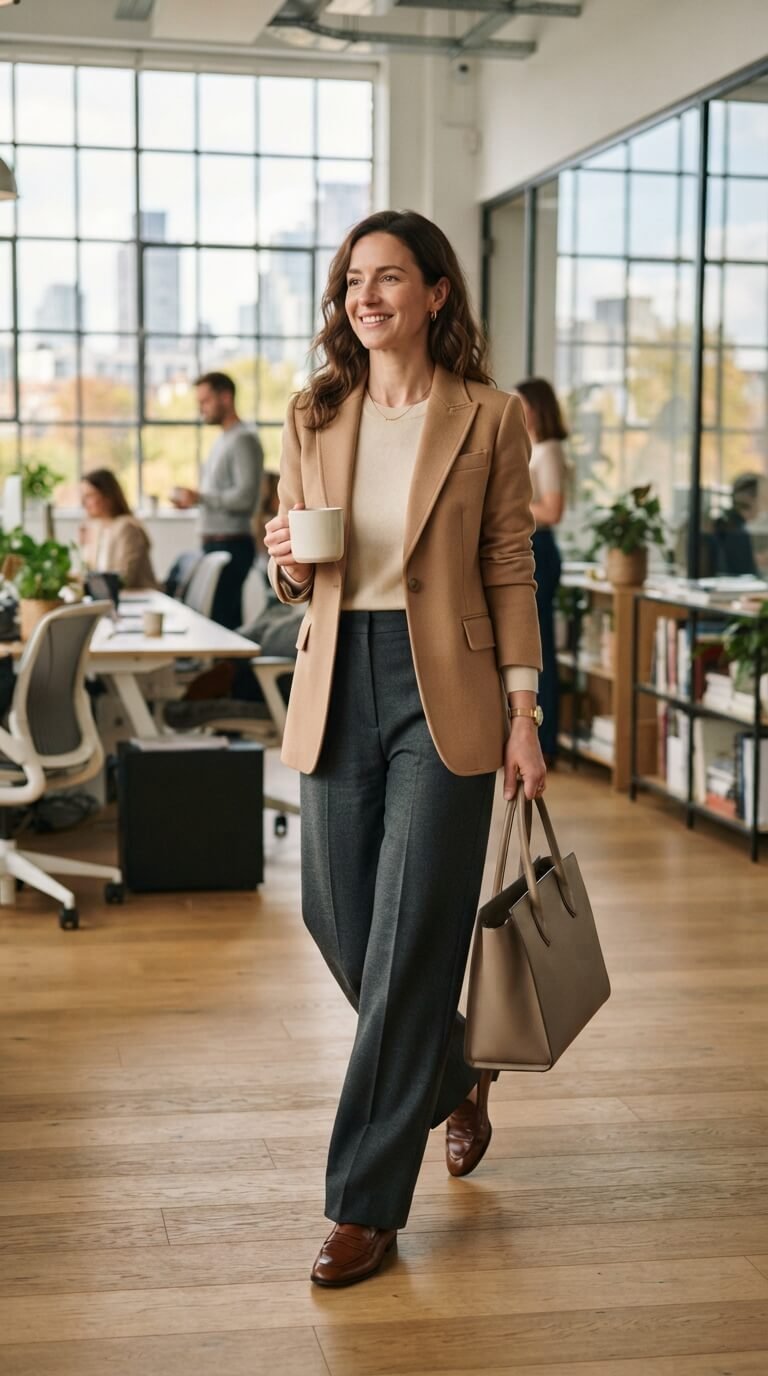 Smart casual early autumn work outfit with tailored trousers, fine knit, blazer and loafers