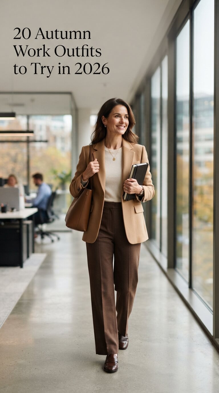 Woman wearing a sophisticated autumn work outfit with wide-leg trousers, blazer, knit top and loafers