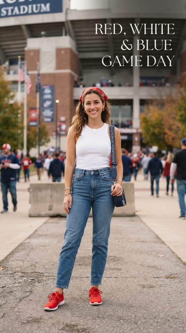 Red white and blue football game day outfit featuring a white top, blue jeans, red trainers and a red bandana.