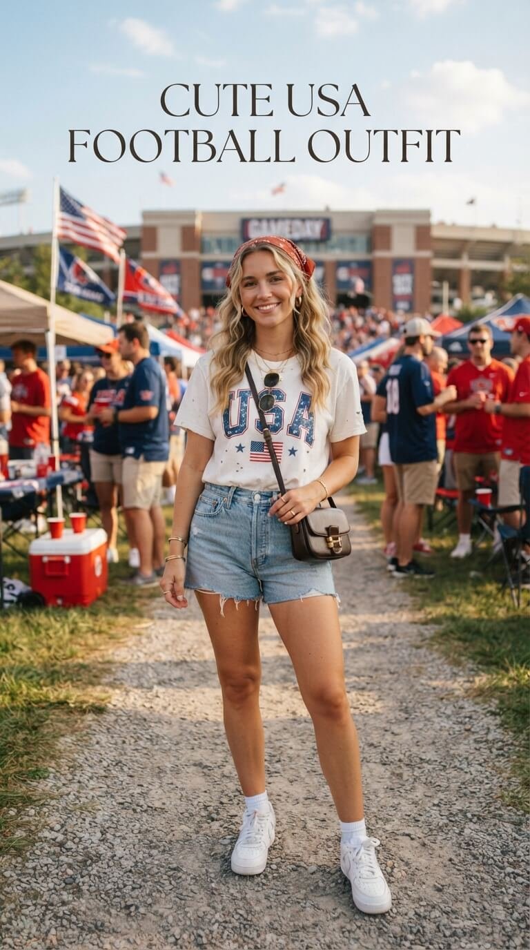Cute USA football outfit with a vintage graphic tee, denim shorts, white trainers and a red bandana.