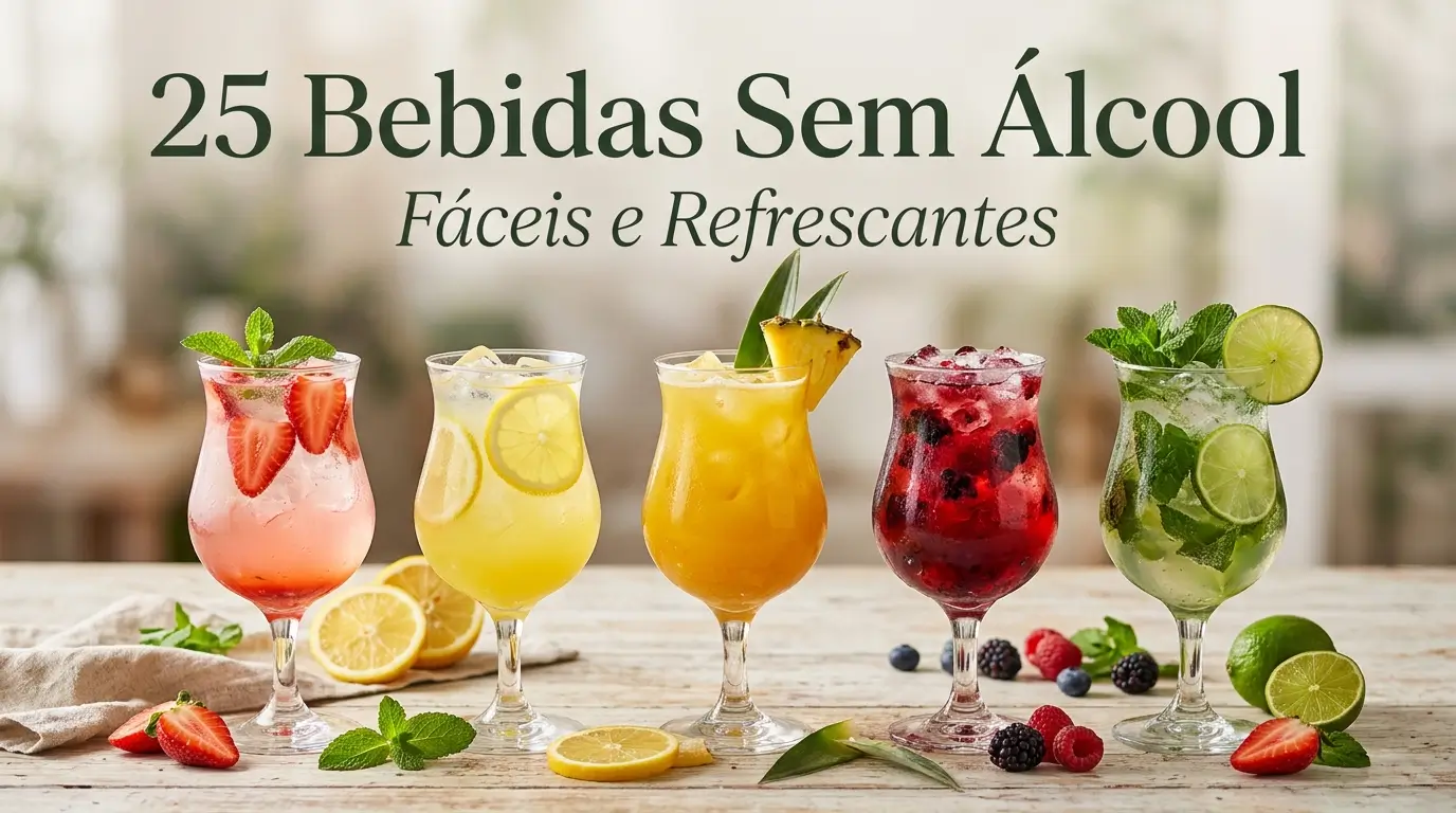 25 bebidas sem álcool coloridas e refrescantes servidas em copos de vidro.