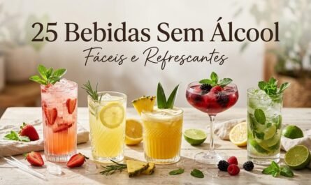 25 bebidas sem álcool coloridas e refrescantes servidas em copos de vidro.