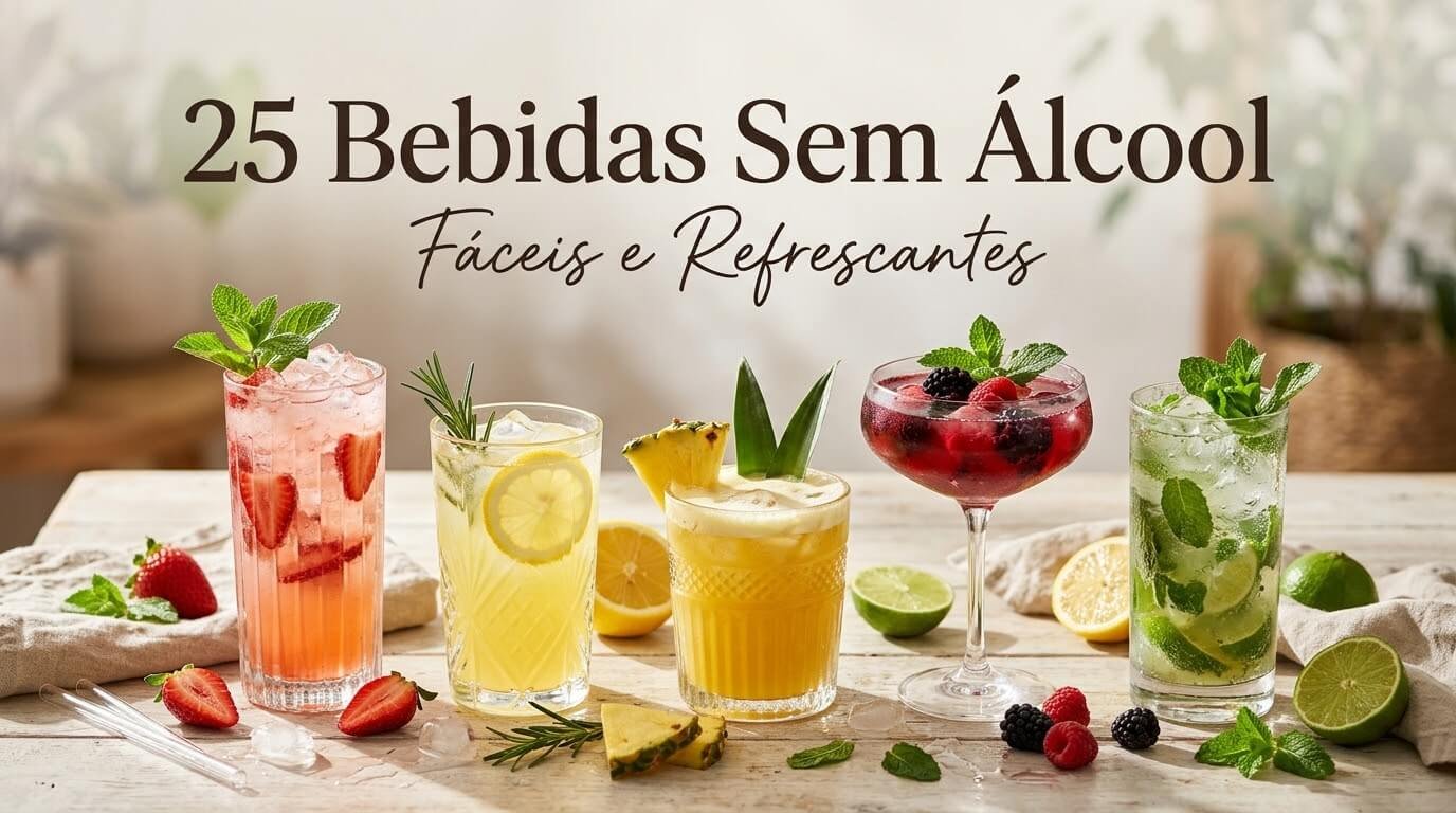 25 bebidas sem álcool coloridas e refrescantes servidas em copos de vidro.