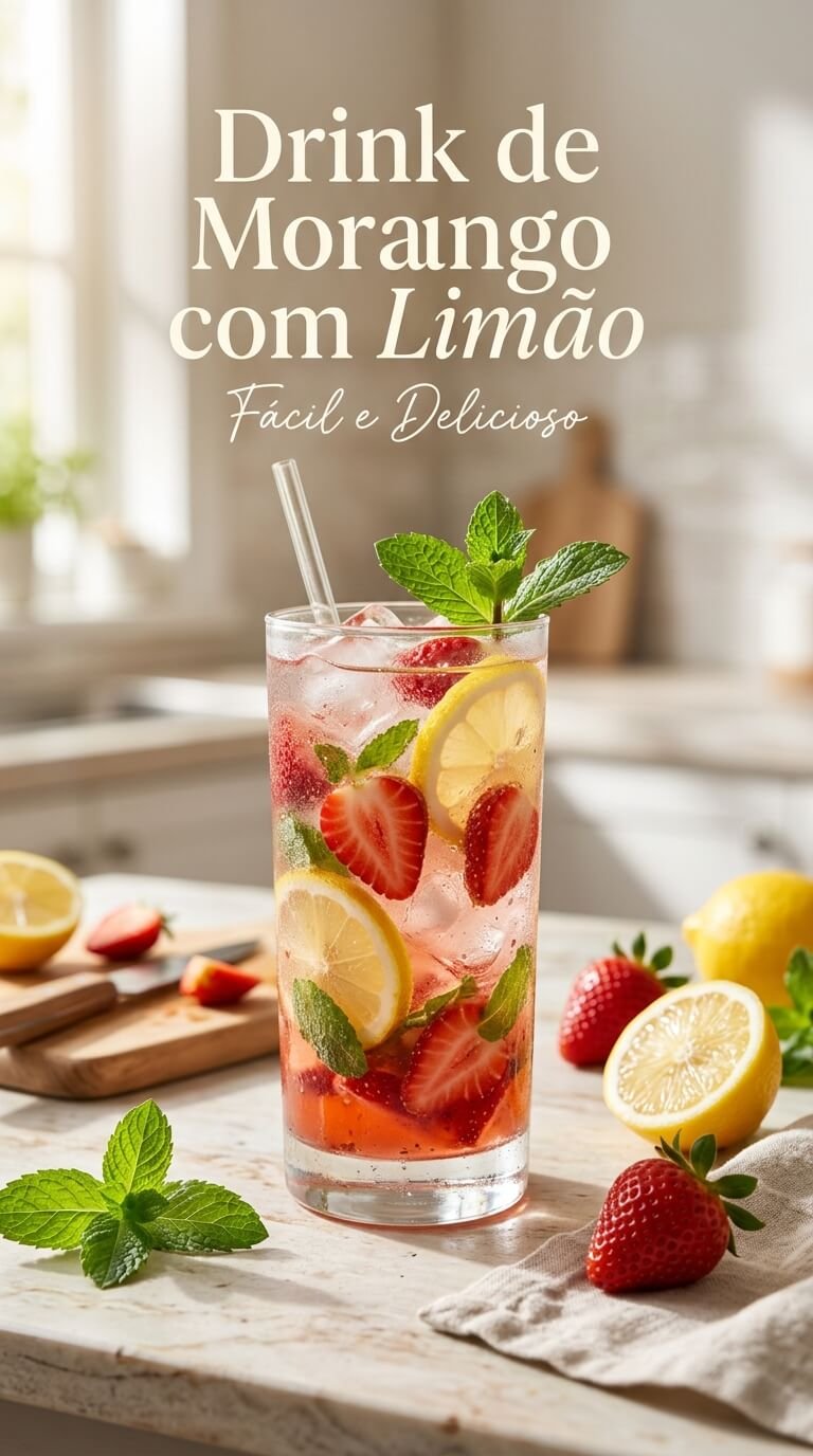  Drink de morango com limão, hortelã e gelo em copo transparente.